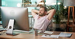 Coding, computer and relax with man programming software in office for launch or testing. Break, design and web development with happy developer employee at desk in workplace for infrastructure code