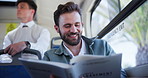Happy man, bus or reading with book for information, travel or knowledge in public transport or commute. Male person, traveler or smile with novel or ride for tourism, business opportunity or journey