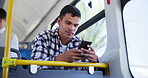 Bus, thinking and man with phone for travel, commute and journey on metro service in city. Public transport, passenger and person on smartphone for internet, social media and chat for trip in town