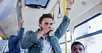 Businessman, bus or drinking with coffee for travel, morning commute or road safety in public transport. Male person, traveler or handle with caffeine beverage in vehicle for tourism, ride or journey