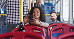 Bus, city and woman with phone on seat for travel, commute and journey on metro service. Public transport, passenger and person on smartphone for internet, social media and chat for trip in town