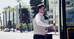 Running, bus and business man in city for travel schedule, public transportation and professional. Metro transit, commuter and time with male person and late for appointment, trip and passenger