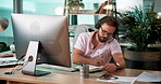 Writing, computer or man in call center for financial consulting, loan question or online advice. Diary, notebook or sales agent talking in agency for telemarketing, finance help or communication