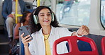 Music, phone and woman in bus for travel, journey and streaming sound on morning commute. Public transportation, headphones and person listening to song, radio and happy passenger relax with mobile