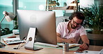 Notebook, computer or man in call center for consulting online, loan question or financial advice. Diary, writing or sales agent talking in agency for telemarketing, finance help or communication