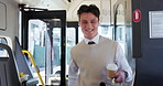 Bus, travel and man with smile, dancing and excited with payment, greeting and morning commute. Person, employee and consultant with business trip, hello and public transportation with celebration