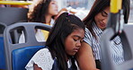 Sleeping, child and mom in bus, travel and tired in public transport, dreaming or girl with fatigue. Commuting, woman and love for daughter in vehicle, exhausted or nap for kid with mother or journey