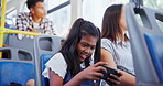 Bus, mother and girl with smartphone, travel and social media with connection. Passengers, mama and daughter with cellphone, commute and digital app for game, typing and message to contact and text