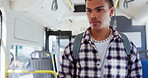 Travel, student and smartphone payment on bus for morning commute, college trip or online purchase. Ecommerce, man and enter public transport with virtual ticket, university journey or study backpack