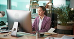 Business, woman and typing on computer in office for ESG report, stakeholder proposal and account management. Night, sustainable finance manager and technology for administration deadline and email