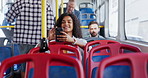 Bus, city and woman with phone for travel, commute and journey on metro service in town. Public transport, passenger and person on smartphone for internet, social media and chat for trip and travel