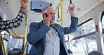 Businessman, phone call or talking in bus for travel, morning commute or road safety in public transport. Mature person, deal or handle with mobile in conversation for networking, ride or journey