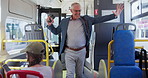 Travel, dance and business man on bus with phone payment, energy and excited for work with high five. Public transport, celebration and happy mature person moving for morning commute, journey or trip