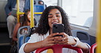 Bus, typing and woman with phone for travel, commute and journey on metro service in city. Public transport, passenger and person on smartphone for internet, social media and chat for trip in town