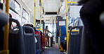 Travel, passenger and smartphone payment on bus for morning commute, university trip and app purchase. Students, girl and enter public transport with virtual ticket, college journey and conversation