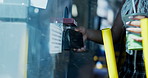 Hands, phone and woman with payment in bus for travel, journey or commute. Public transport, mobile and passenger tap with nfc, virtual ticket or contactless purchase on validation machine with drink