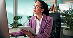 Business, woman and computer with tablet in office of research, schedule update and financial report. Person, online and information of feedback comparison, finance management and investment proposal