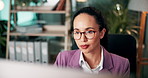 Business, thinking and woman with computer, online reading and research for sales. Person, ad agency and employee in workplace, pc and planning for company growth, choice and email for review or idea