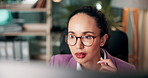 Business, thinking and woman with computer, solution and research for book sales. Person, publisher and employee in workplace, pc and planning for novel, choice and email for review and manuscript