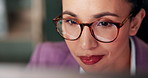 Thinking, reading and business woman in office for accounting, budget and bookkeeping on computer. Planning, finance and worker online for audit, reflection and insight for profit report with email