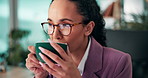 Reading, coffee and business woman in office for research project, planning and proposal. Professional, worker and person relax with drink on computer for website, article review and copywriting