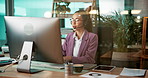 Consultant, computer or woman in customer service for financial consulting, loan faq or online advice. CRM, advisor or sales agent talking in agency for telemarketing, finance help or communication