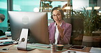 Consultant, computer or woman in customer support for financial consulting, loan faq or online advice. CRM, glass or advisor talking in call center for telemarketing, finance help or communication