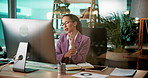 Business, wrist pain and woman in office, computer and online reading for article, inflammation and bruise. Person, sales analyst and consultant with carpal tunnel, joint injury and nerve tension