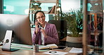 Business, woman and talk with phone call in office for discussion, schedule update and finance consultant. Person, mobile and computer for conversation, financial advice and negotiation of investment