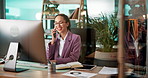 Business, smile and woman talk with phone call for discussion, schedule update and finance consultant. Person, computer and conversation with financial offer, negotiation feedback and investment b2b