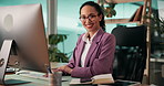 Business, computer and smile with face of woman at desk in office for administration task. Finance, report and research with happy accounting employee in workplace for financial or wealth management