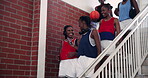 Sports, happy and team with basketball, walking and smile for competition in morning, arrive and talking. Stairs, students and excited for match in college court, chat and friendly game for people