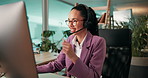 Advisor, computer or woman in customer support for financial consulting, loan faq or online advice. CRM, smile or consultant talking in call center for telemarketing, finance help or communication
