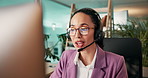 Financial advisor, computer or woman in customer service for consulting, loan faq or online advice. CRM, smile or consultant talking in call center for telemarketing, finance help or communication