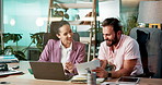 Conversation, documents and laptop with business people in office together for financial report. Collaboration, computer and paperwork with employee team in workplace for administration or discussion