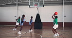 Basketball player, girls team and sports, practice competition or jump for fitness exercise. African women, ball game or training at court for workout together, dribble or athlete shoot to score goal
