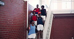 Sports, girls and team with basketball, walking and smile for competition in morning, arrive and talking. Stairs, students and excited for match in college court, happy and friendly game for people