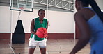 Sports, playing and women with basketball game, training and competition with workout. Energy, girls and athletes on court, wellness and practice with health benefits, cardio and people with support