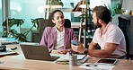 Conversation, phone and laptop with business people in office together for financial report. Collaboration, computer and social media with employee team in workplace for administration or discussion