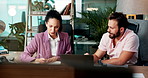 Collaboration, laptop and writing with business people in office together for financial report. Computer, conversation and notebook with employee team in workplace for administration or discussion