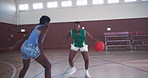Wellness, fitness and women with basketball game, training and competition with workout. Players, girls and athletes on court, challenge and practice with energy, cardio and people with support