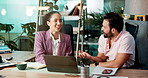 Collaboration, laptop and review with business people in office together for financial report. Computer, conversation and feedback with employee team in workplace for administration or discussion