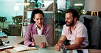 Collaboration, planning and tablet with business people in office together for financial report. Conversation, meeting and research with employee team in workplace for administration or discussion