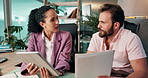 Collaboration, paper and tablet with business people in office together for financial report. App, conversation and documents with employee team in workplace for administration or discussion