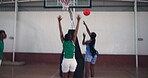 Group, win and playing basketball in court, dunk and competition in campus, girls and sports in university. Games, scoring and achievement in college gymnasium, people and match in school stadium