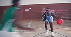 Sports, basketball and women with training, game and talent with skills, energy and challenge. People, team and players in wellness center, healthy and athlete with competition, workout and practice
