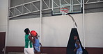 Basketball player, women and team with sports, competition practice or fitness exercise. African girls, ball game and training at court for workout together, dribble and athlete shoot for challenge