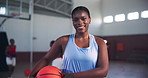 Dribble, face and sports with black woman on basketball court for competition game, training and fitness. Workout, athlete and talent with female person in gym for challenge, exercise and wellness