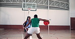 Basketball player, black women and team exercise for sports, competition practice or fitness. Girls, ball game and training at court for workout together, dribble and athlete score goal for challenge