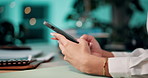 Hands, typing and person with smartphone, office and research for industry trends on web, bokeh and app. Online, media manager and employee with tech for info, browsing or plan for marketing campaign